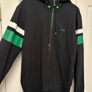 Boss Men's Black Hoody with Green and White Stripes